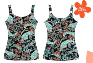Two tank tops with a paisley pattern on a white background, labeled 'Multi-Cup Fit'.